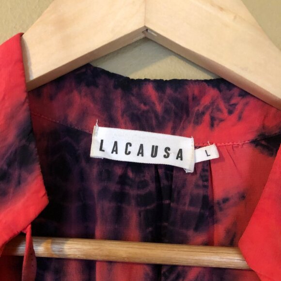 NWT Lacausa tie dyed red pink blue boho midi tiered Firecracker Roma dress - Picture 7 of 8